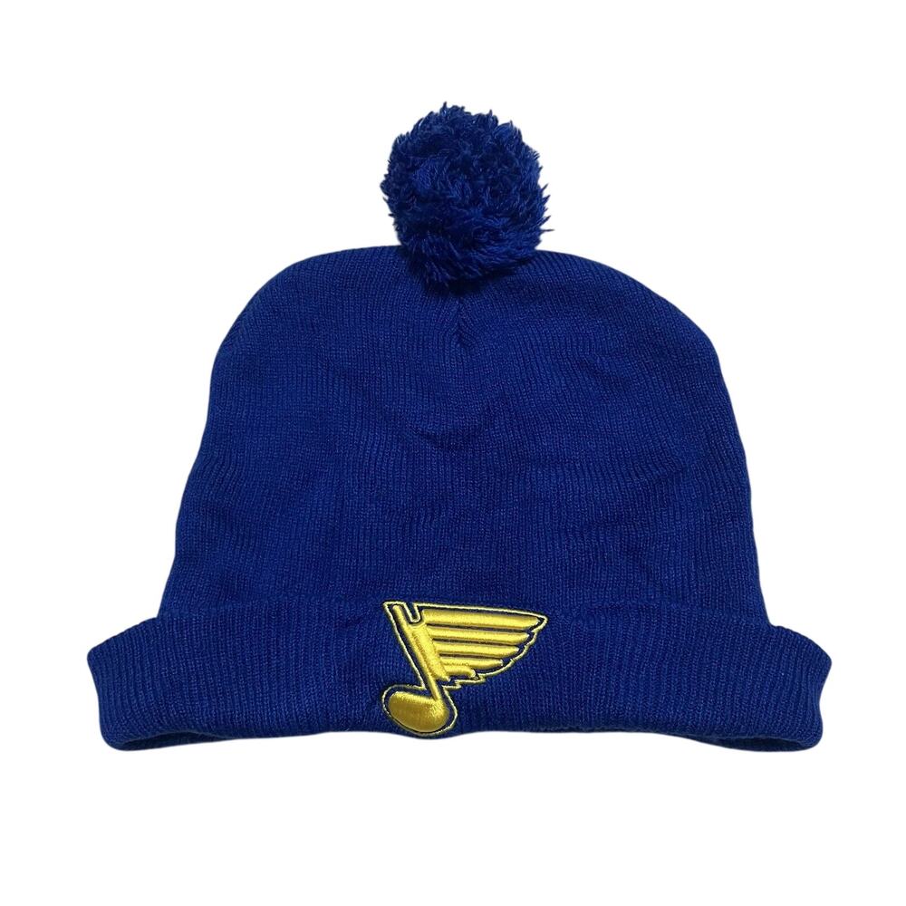 St Louis Blues Beanie Acrylic Blue Knit Pom Pom Toboggan Yellow Blue Note OSFM